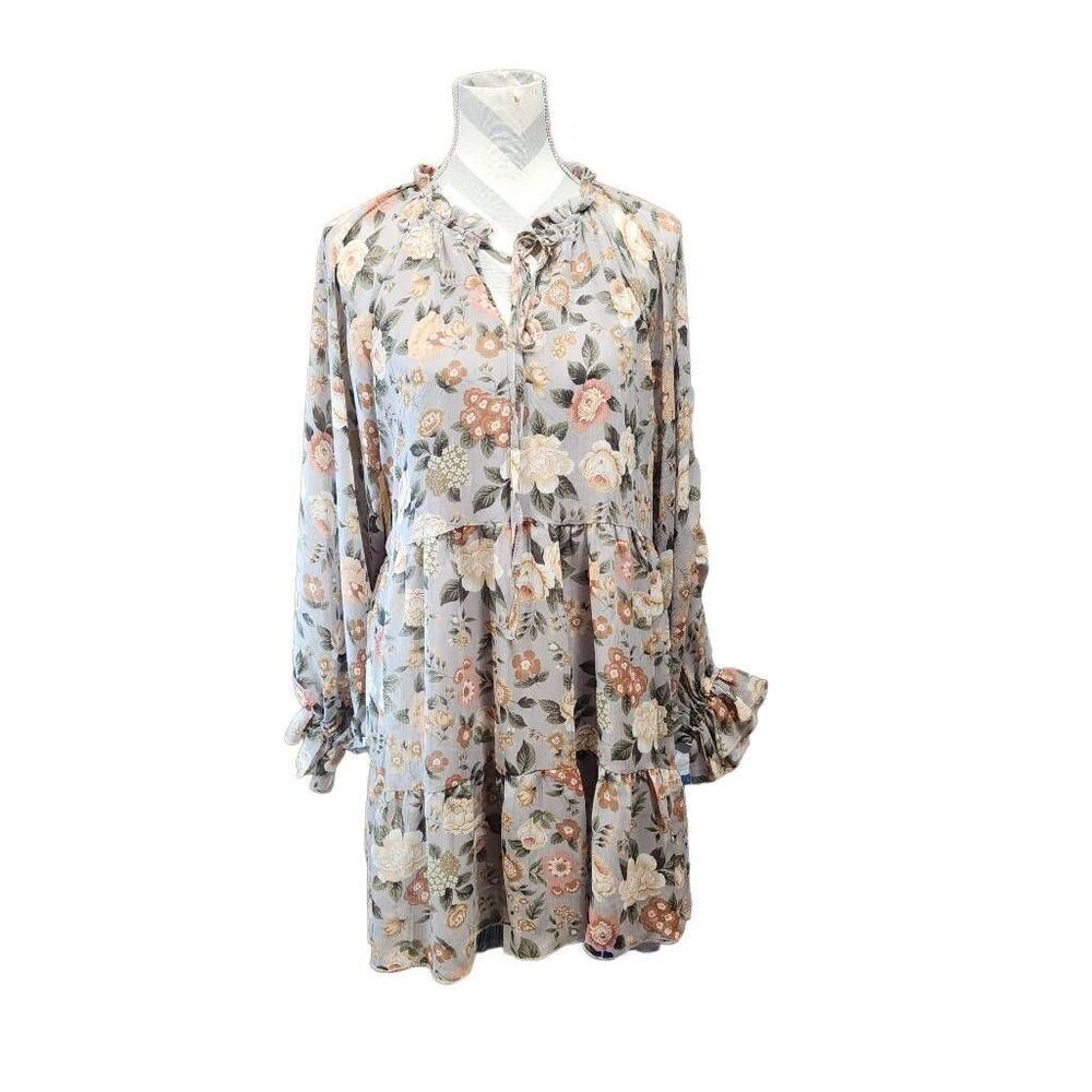 Aura Size S Muted Floral Bohemian Peasant Long Sleeve Ruffle Hem Dress P15 NWT